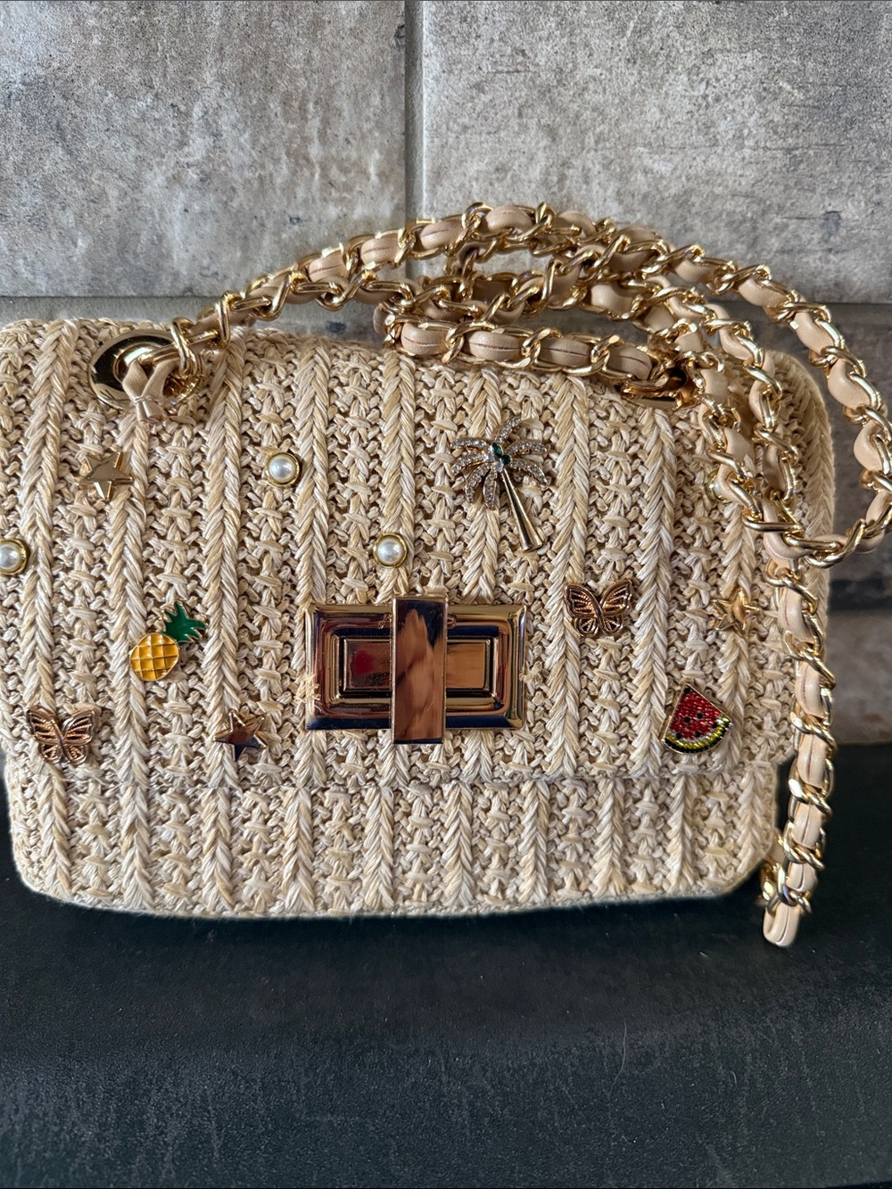 Aldo Woven Straw Crossbody Bag with Gold Chain and Decorative Charms Never Used